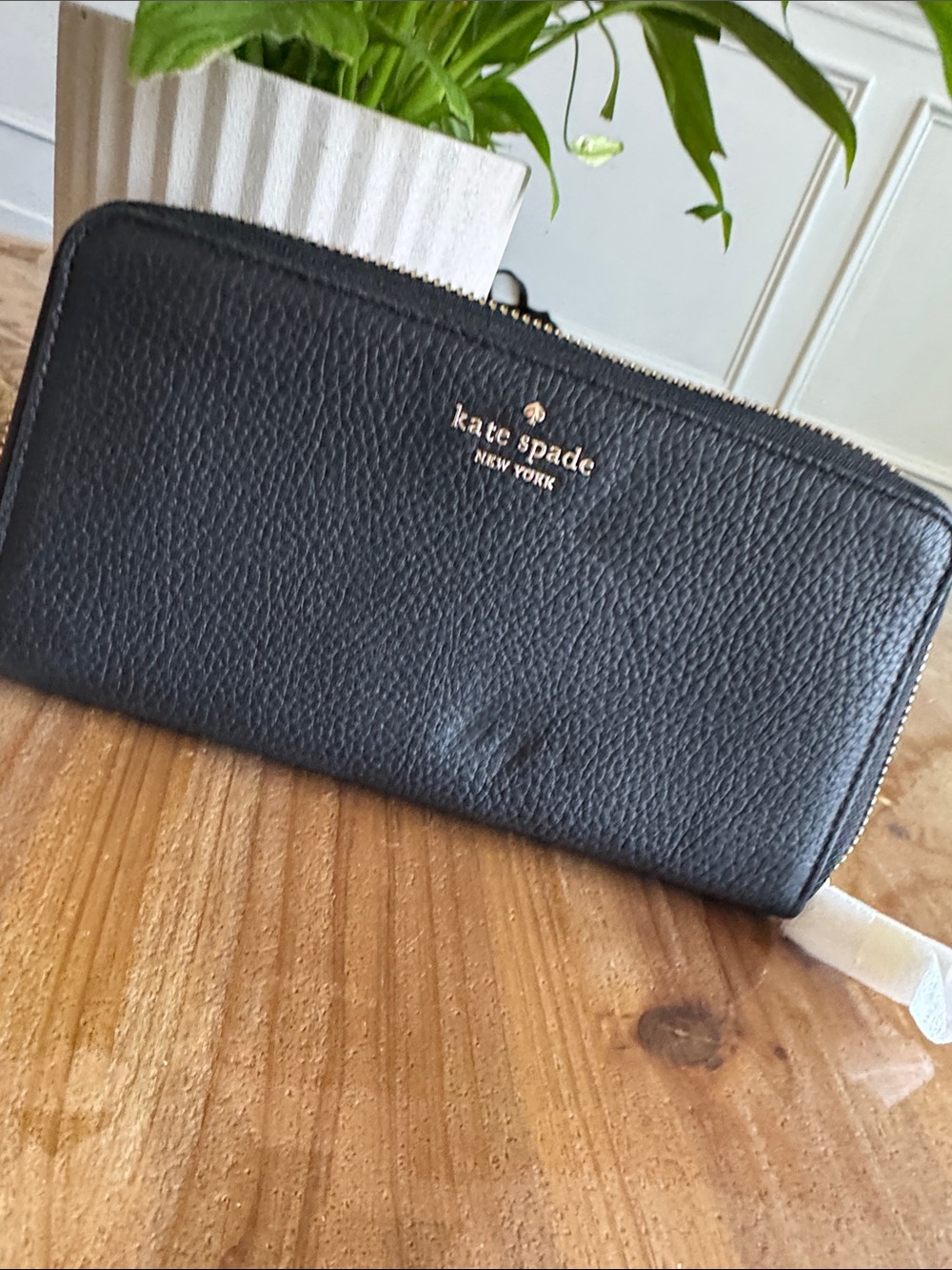 kate spade Black Pebbled Leather Zip Wallet with Gold Logo